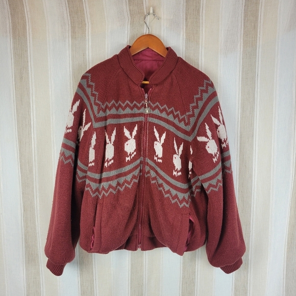 Vintage Playboy Reversible Sweater Jacket Red Size Medium 38/40 Rare Quilted - Picture 1 of 12